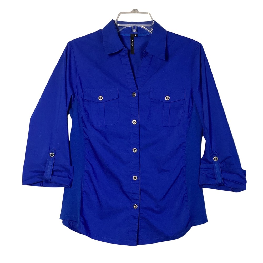 Cathy Button Down Shirt Women Small Royal Blue 3/4 Roll Tab Sleeve Collared Top
